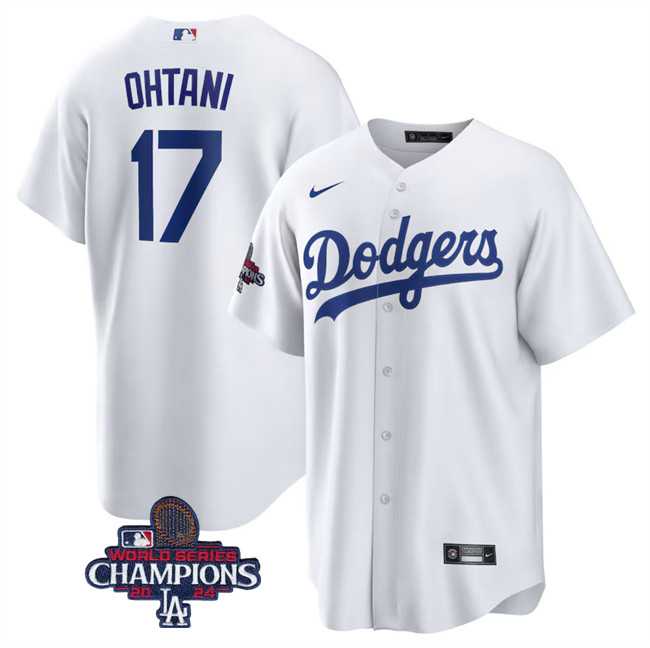 Mens Los Angeles Dodgers #17 Shohei Ohtani White 2024 World Series Champions Cool Base Stitched Baseball Jersey